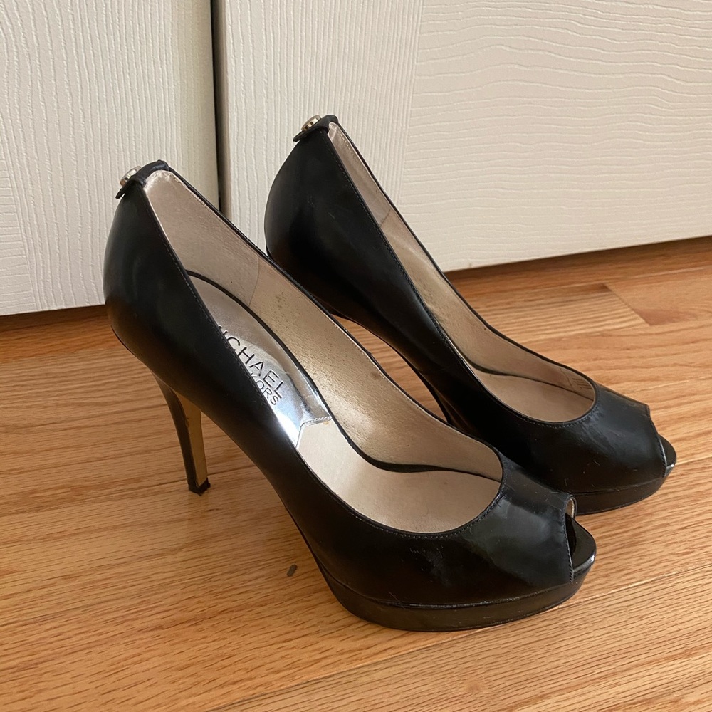 Michael Kors black patent peep toe pump heels